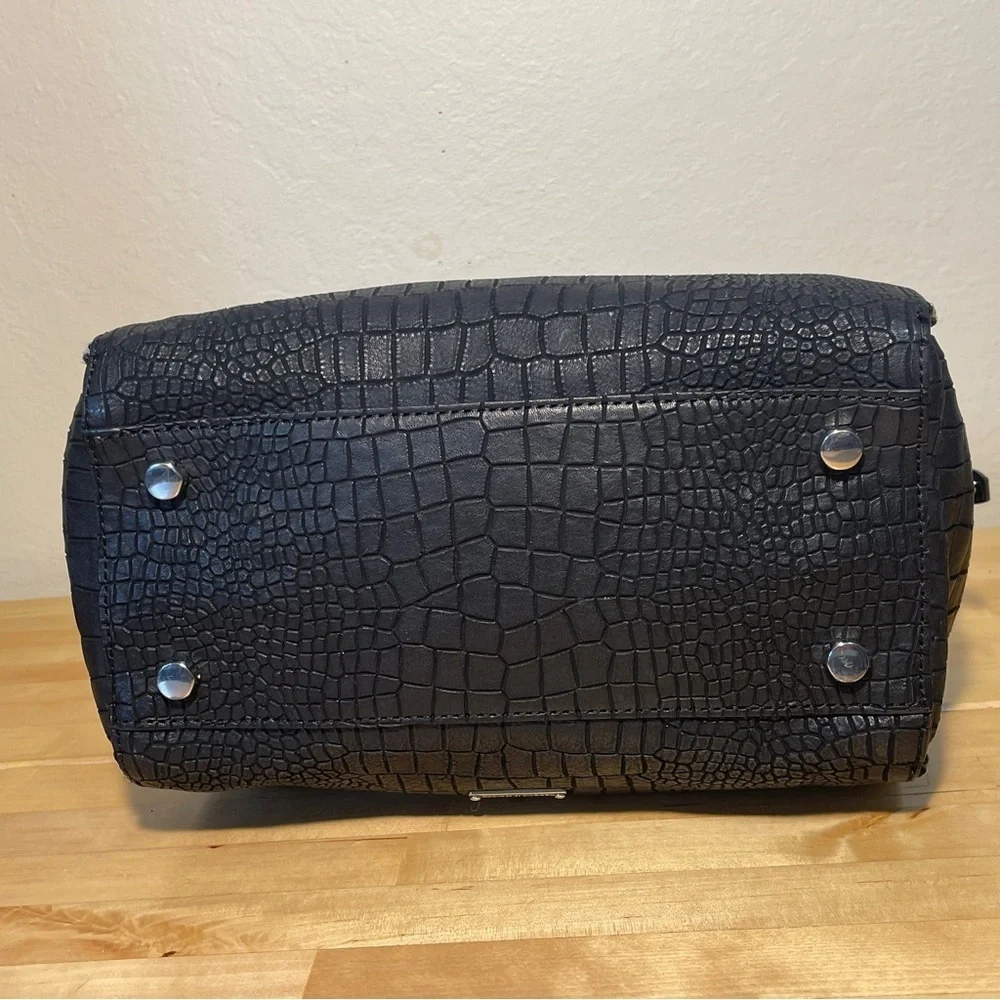 Rebecca Minkoff Perry Croc Embossed Leather Satchel Black Top Handle Crossbody